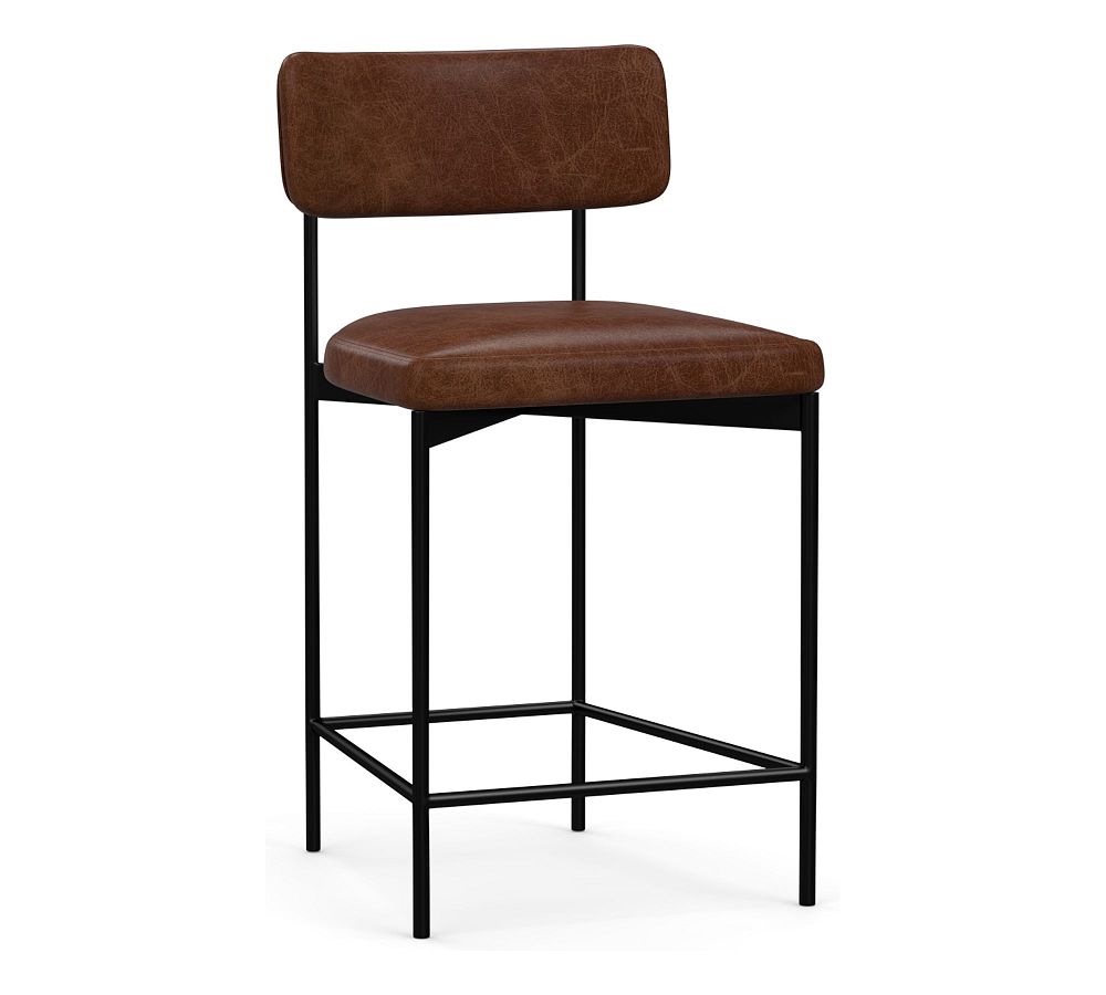 OPEN BOX: Maison Leather Counter Height Bar Stool, Antique Bronze Leg, Statesville Molasses
