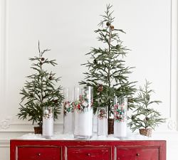 Lit Faux Pine Trees in Basket