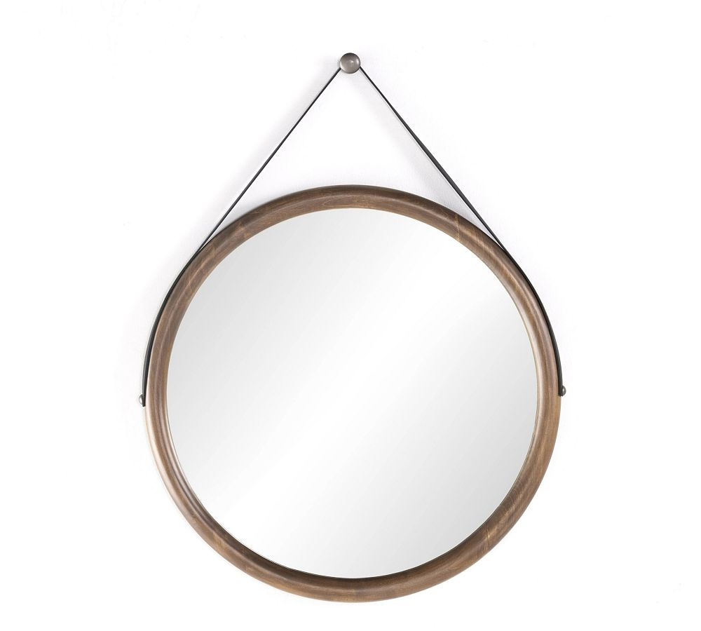 Auburn Poplar and Black Leather Round Wall Mirror with Iron Hardware