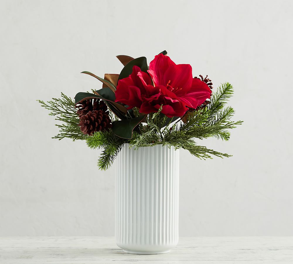 Faux Mixed Amaryllis &amp; Pine Bouquet - Red