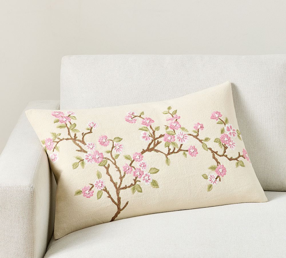 Cherry Blossom Embroidered Lumbar Pillow