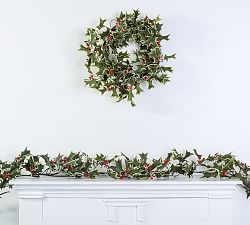 Faux Holly Berry Wreath, Garland &amp; Spray