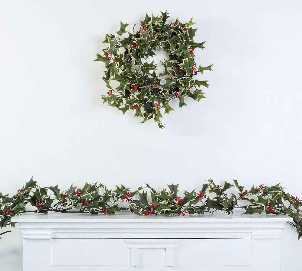 Faux Holly Berry Wreath, Garland &amp; Spray