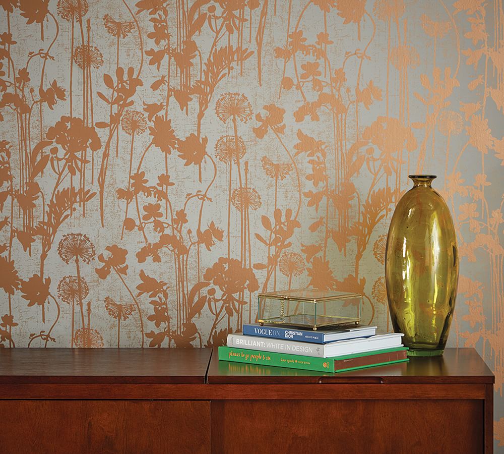 Distressed Floral Gray &amp; Metallic Copper Removable Wallpaper