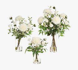 Faux White Dahlia Arrangement In Glass Vase