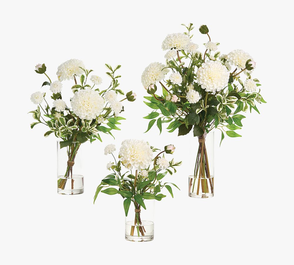 Faux White Dahlia Arrangement In Glass Vase