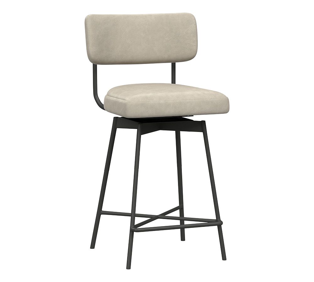 OPEN BOX: Maison Leather Counter Height Swivel Bar Stool, Bronze Legs, Statesville Pebble