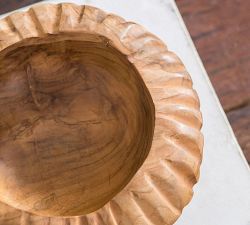 Handcrafted Teak Ridged Decorative Bowl, Natural Wood