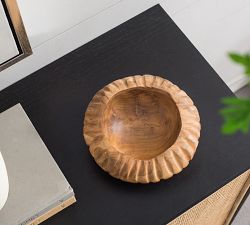 Handcrafted Teak Ridged Decorative Bowl, Natural Wood