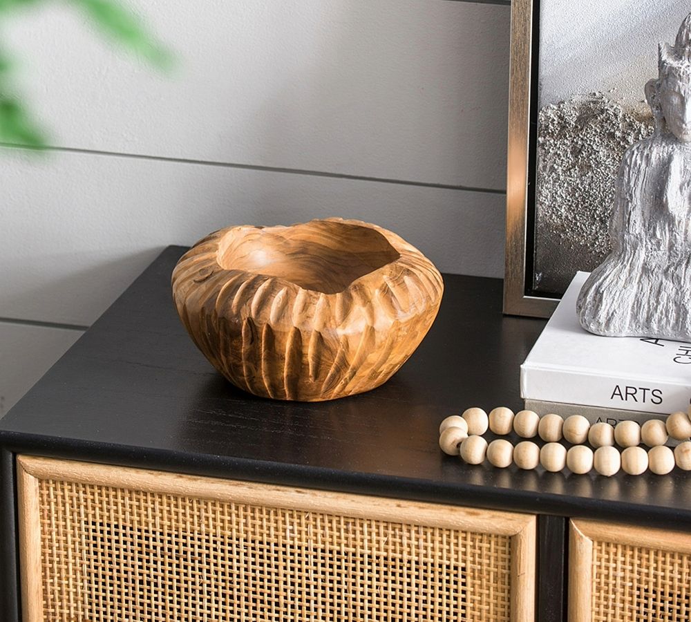 Handcrafted Teak Ridged Decorative Bowl, Natural Wood