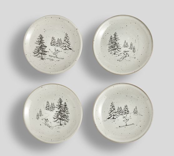 Rustic Forest Skier Stoneware Appetizer Plates - Mixed Set of 4