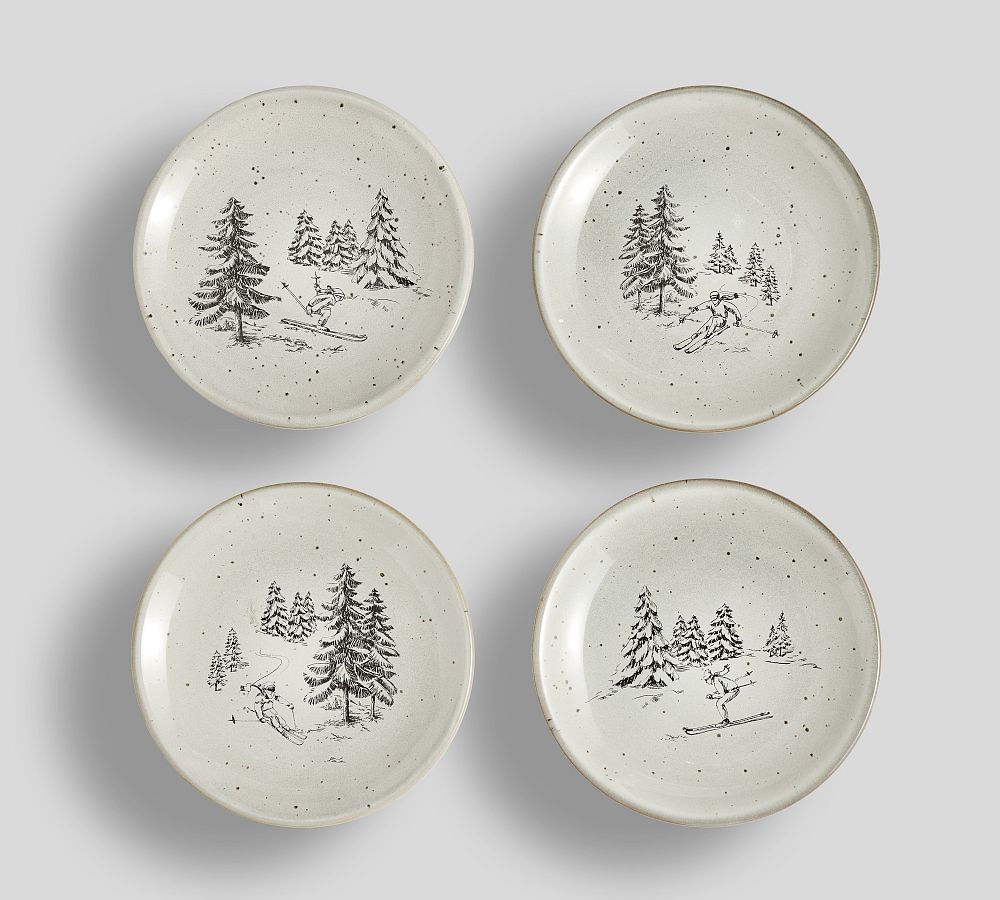 Rustic Forest Skier Stoneware Appetizer Plates - Mixed Set of 4