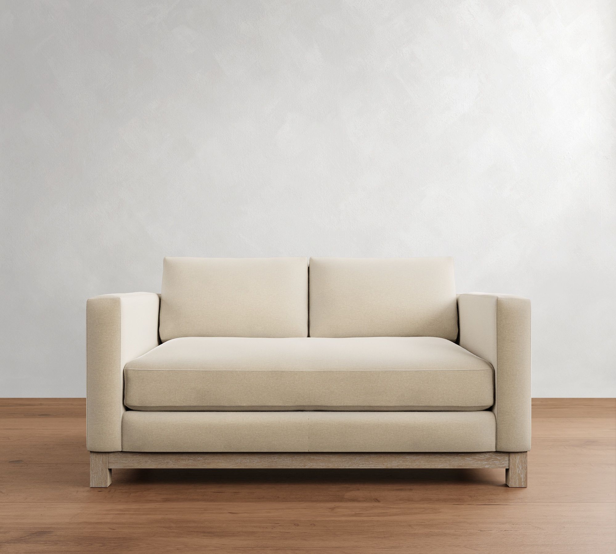 Jake Upholstered Apartment Sofa 2x1 63&quot; with Wood Base,Polyester Wrapped Cushions, Rustic Chenille Ivory
