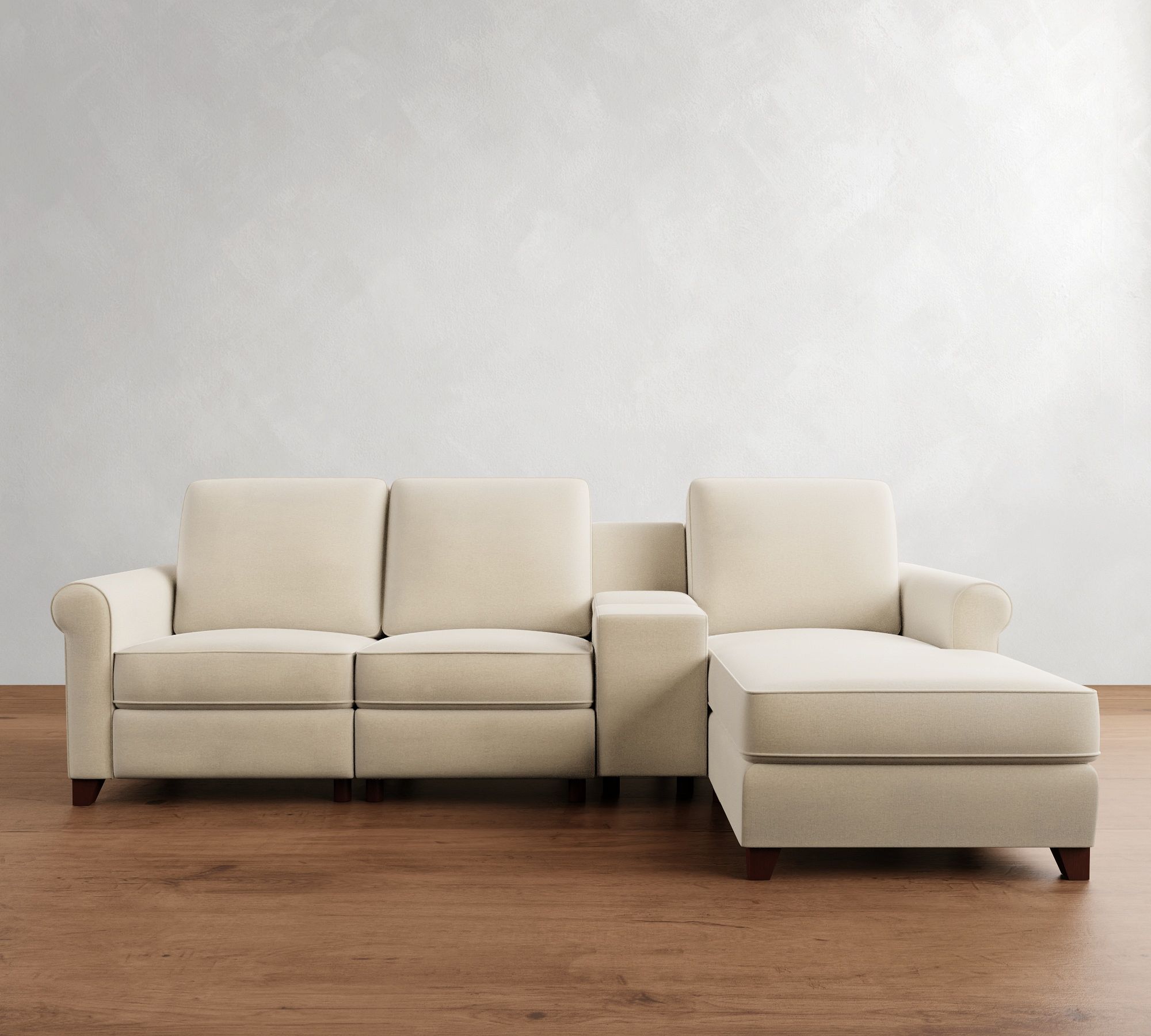 Cameron Roll Arm Upholstered Media Left Power Reclining Sofa with Chaise Sectional and Storage Console, Polyester Wrapped Cushions, Rustic Chenille Ivory