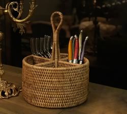 Tava Handwoven Rattan Round Flatware Caddy