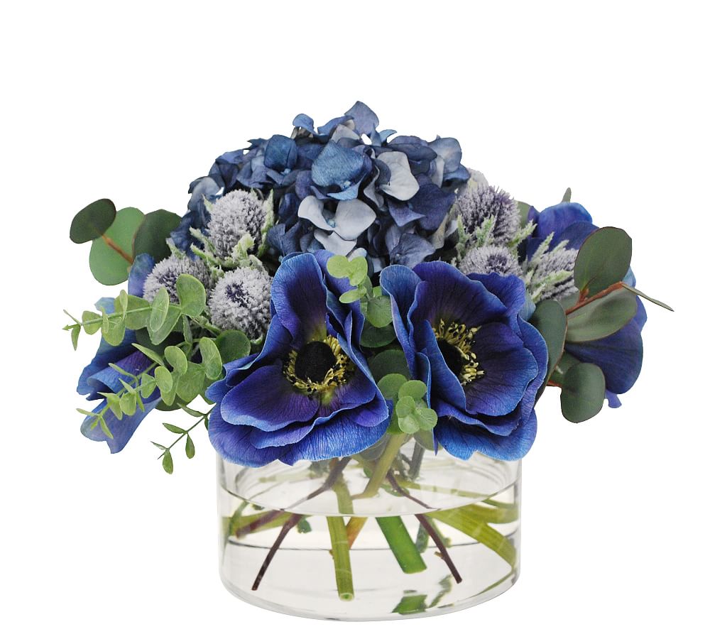 Faux Anemone &amp; Thistle Mixed Blue Composed Arrangement