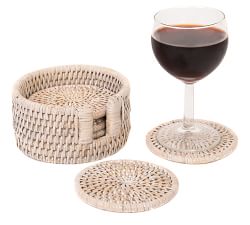 Tava Handwoven Rattan Round Coasters with Holder