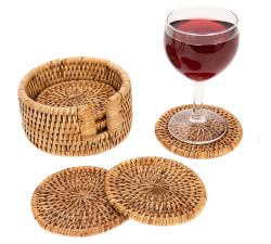 Tava Handwoven Rattan Round Coasters with Holder