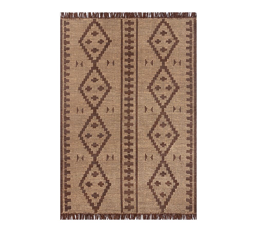 Handwoven Jute and Leather Patterned Rug with Fringe, 9' x 12'