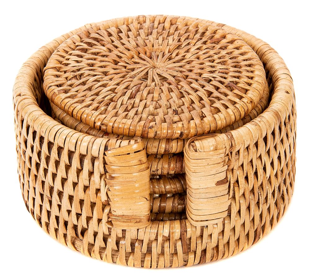 Tava Handwoven Rattan Round Coasters with Holder
