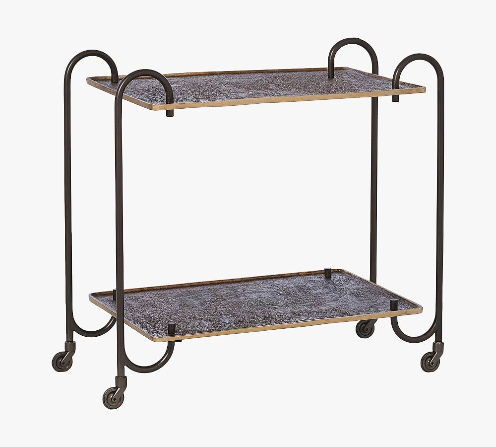Regan Aged Brass and Dark Bronze Textured Metal Bar Cart with Casters