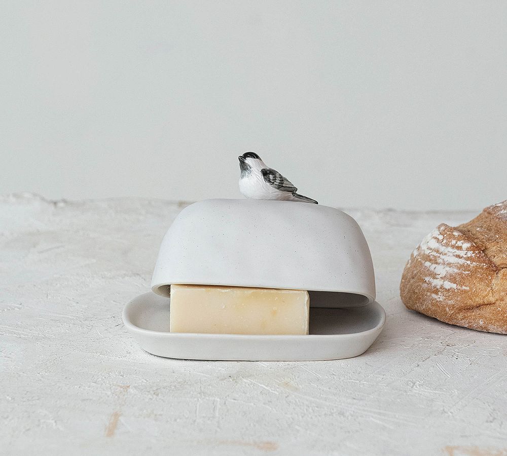 Perched Bird Stoneware Butter Dish