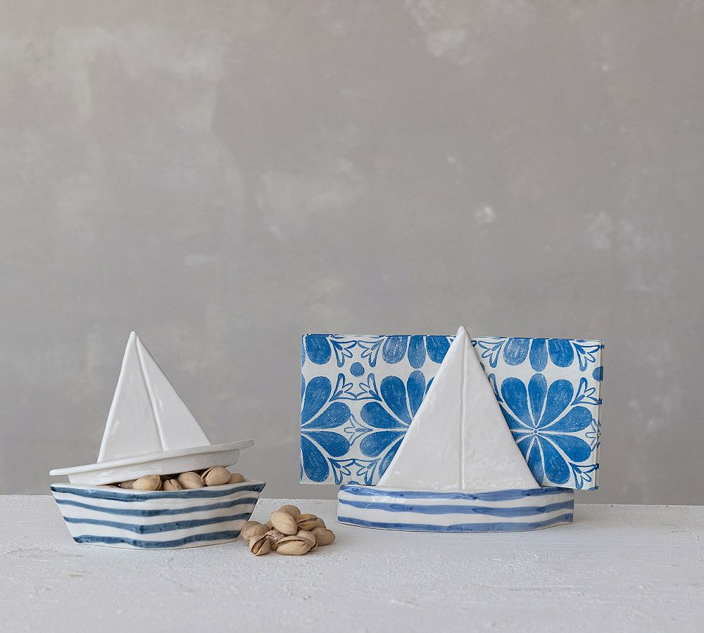 Stoneware Striped Sailboat Napkin Holder
