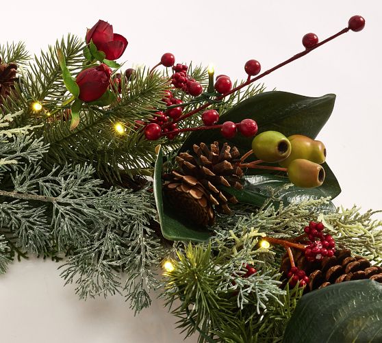Lit Faux Pine and Berry Wreath & Garland