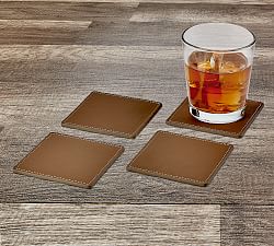 French Handcrafted Leather Square Coasters - Set of 4