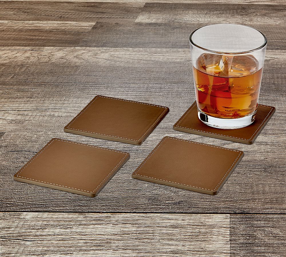 French Handcrafted Leather Square Coasters - Set of 4