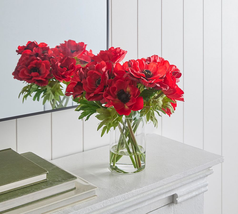 Faux Anemone Arrangement in Glass Vase