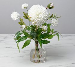 Faux White Dahlia Arrangement In Glass Vase