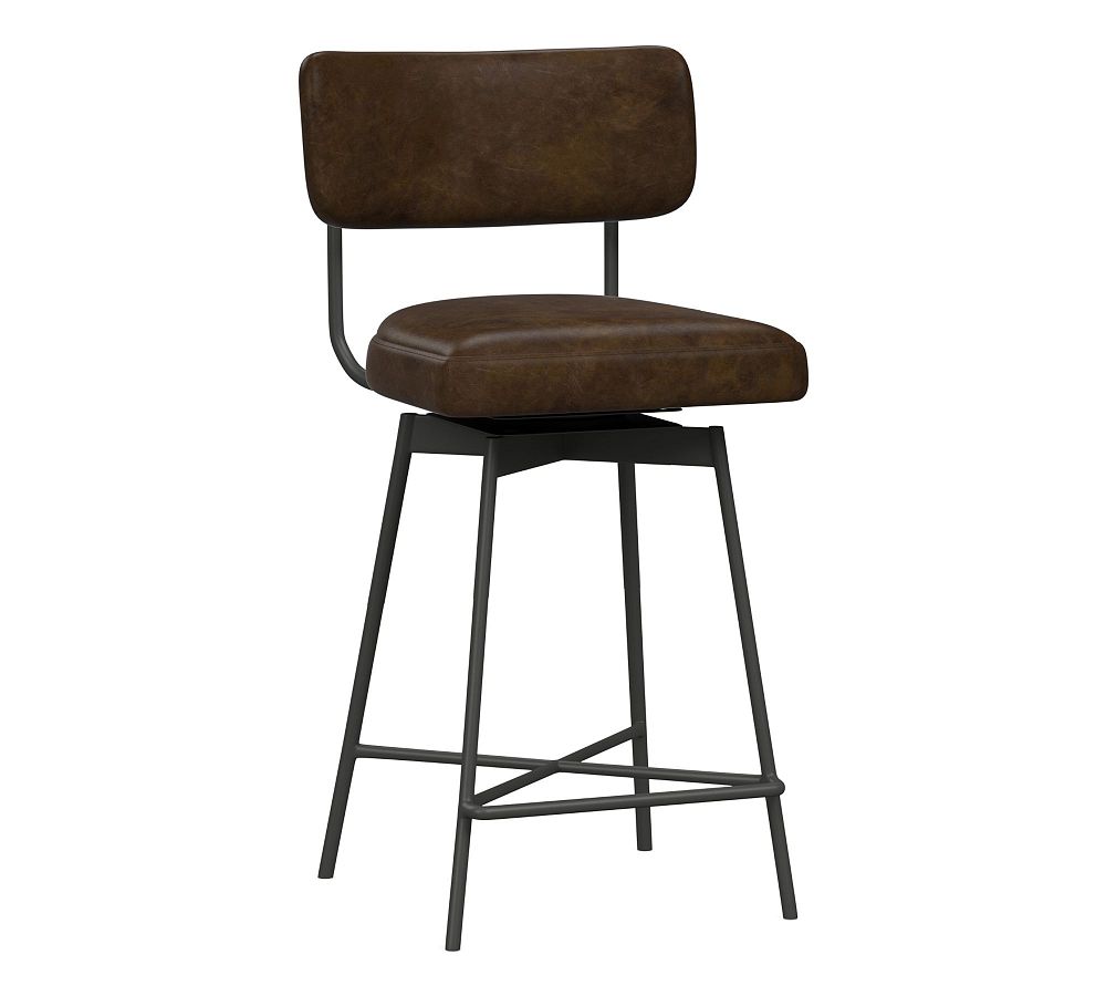 Open Box: Maison Leather Counter Height Swivel Bar Stool, Bronze Legs, Vintage Cocoa