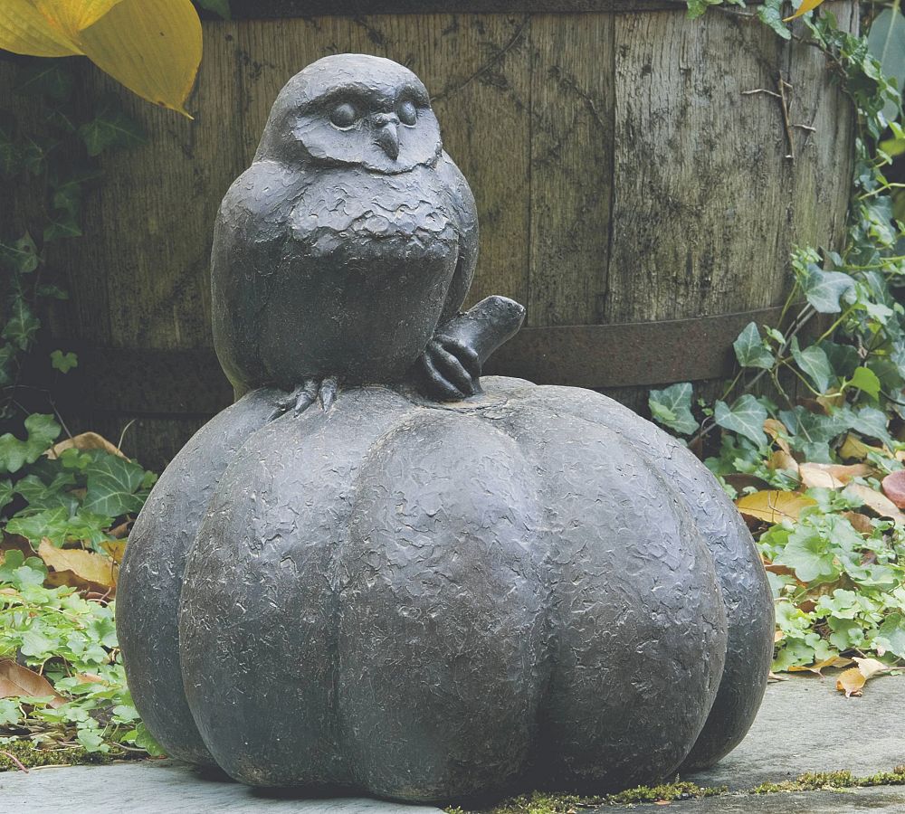 Handcrafted Cast Stone Owl on Pumpkin Garden Object