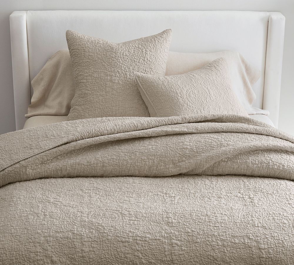 Open Box: Belgian Flax Linen Floral Stitch Quilt, Warm Gray, Full/Queen