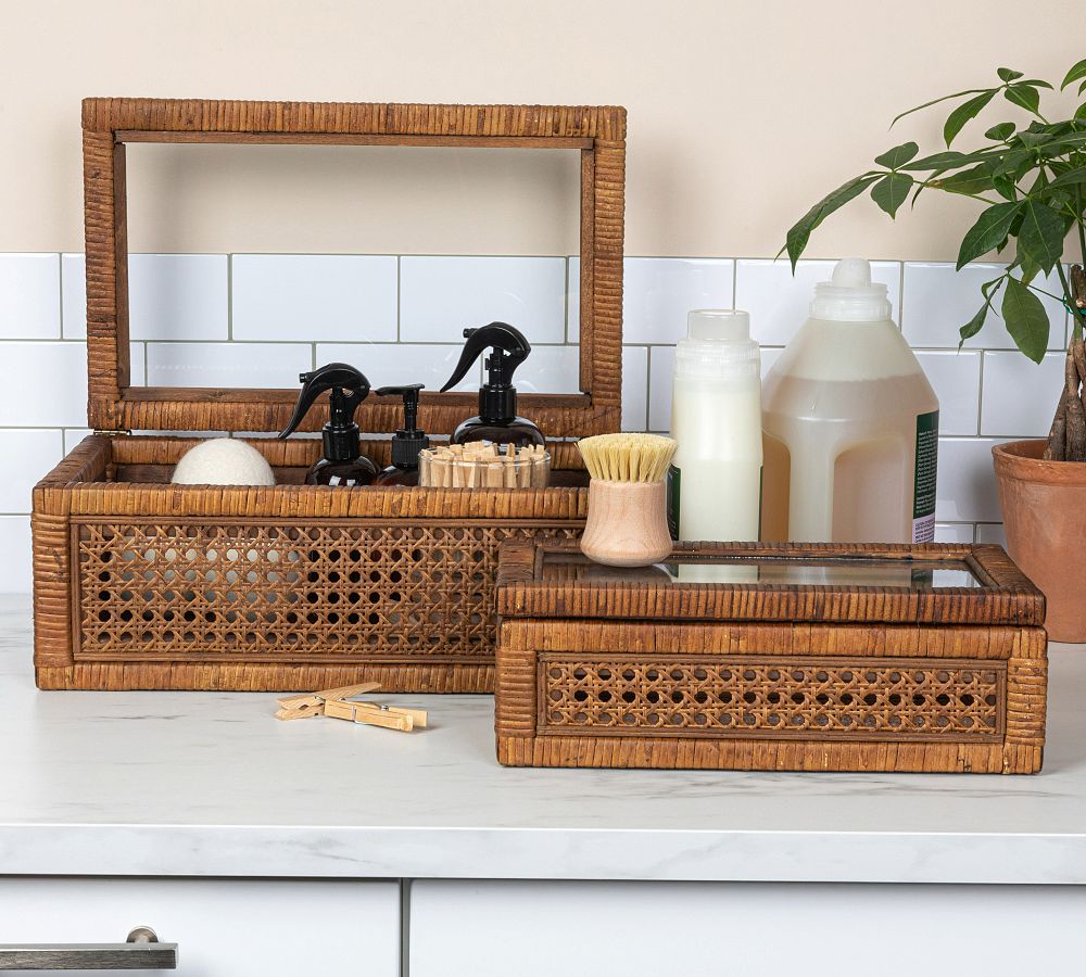 Woven Rattan and Wood Boxes, Set of 2
