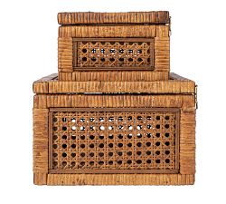 Woven Rattan and Wood Boxes, Set of 2