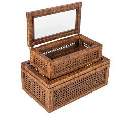 Woven Rattan and Wood Boxes, Set of 2