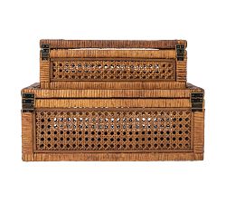 Woven Rattan and Wood Boxes, Set of 2