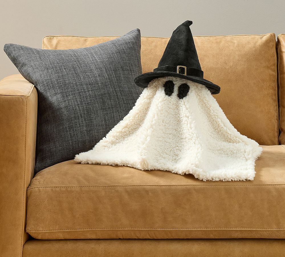 Little Gus The Ghost with Witch Hat Shaped Pillow - Ivory/Black, 20" x 12"