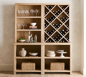 Modern Farmhouse Wine Storage with Open Cabinets Pottery Barn