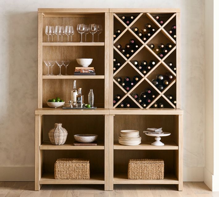 Modern Farmhouse Wine Storage with Open Cabinets Pottery Barn
