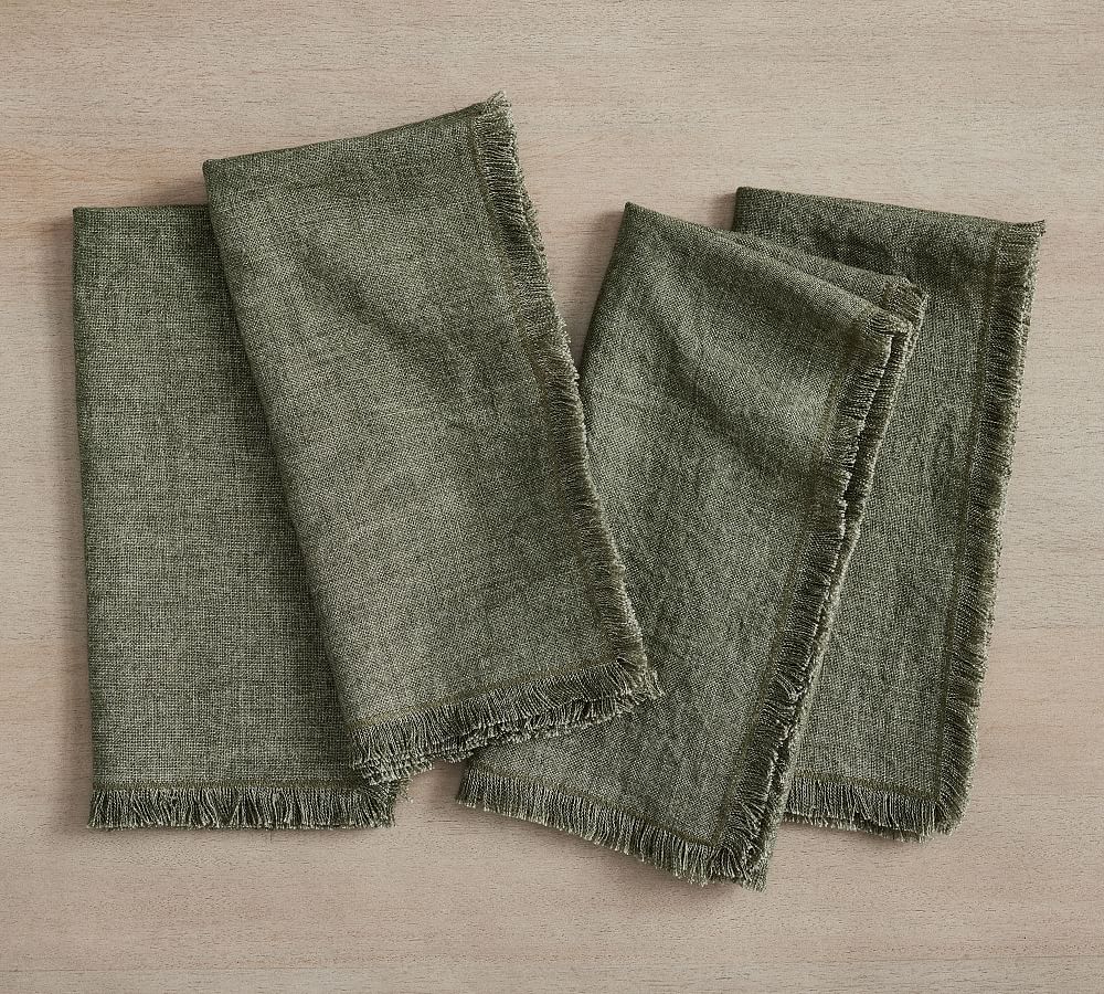 Frayed Oversized Linen Napkins - Set of 4; Loden Green