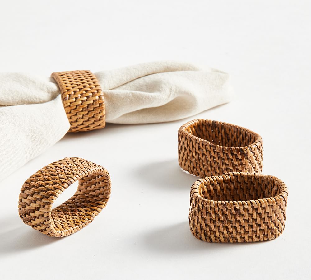 Tava Handwoven Rattan Oval Napkin Rings - Set of 4 | Color: Honey
