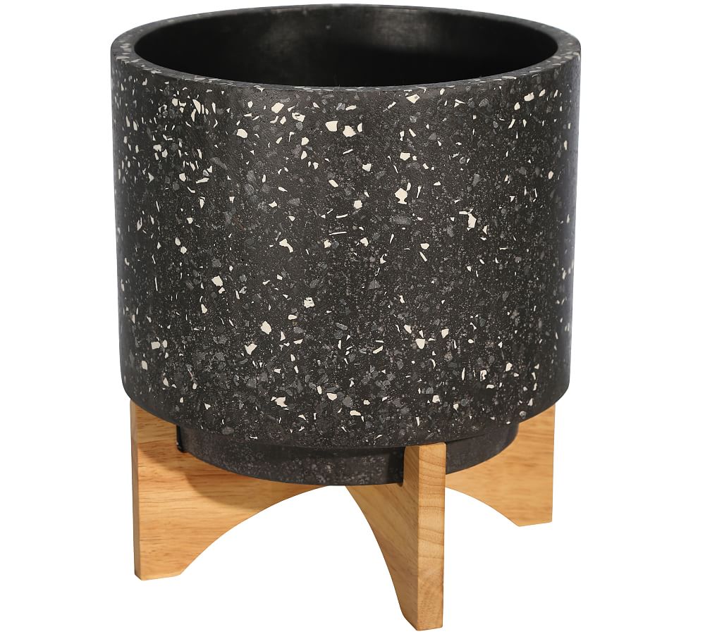Terrazzo Planters on Wooden Stand, Dark Gray