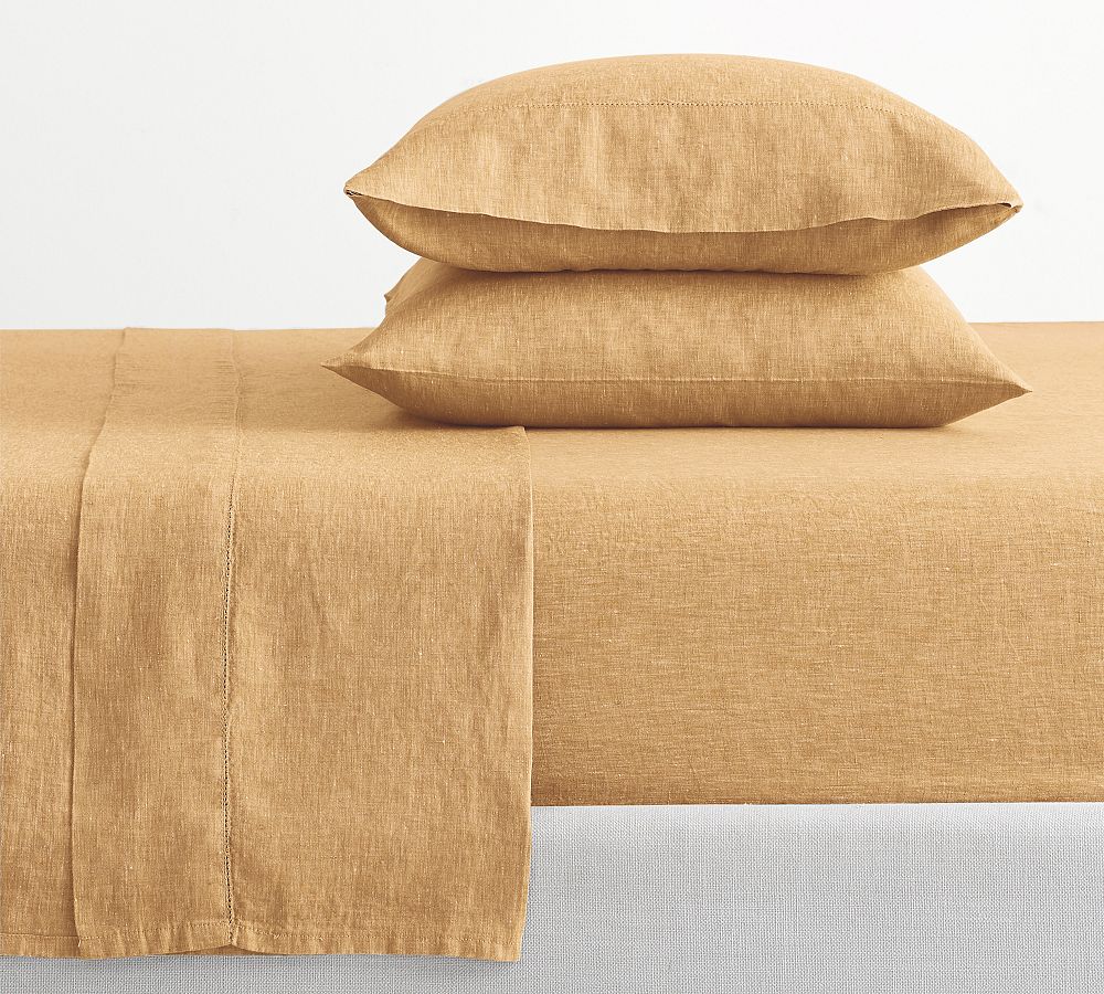 Belgian Flax Linen Hemstitch Sheet Set - Harvest Gold, Queen