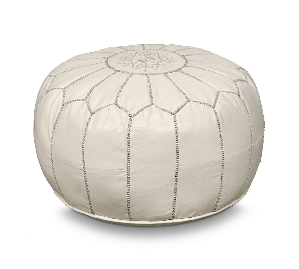 Open Box: Nadia Moroccan-Style Leather Pouf, 20" dia x 14" h - Cream