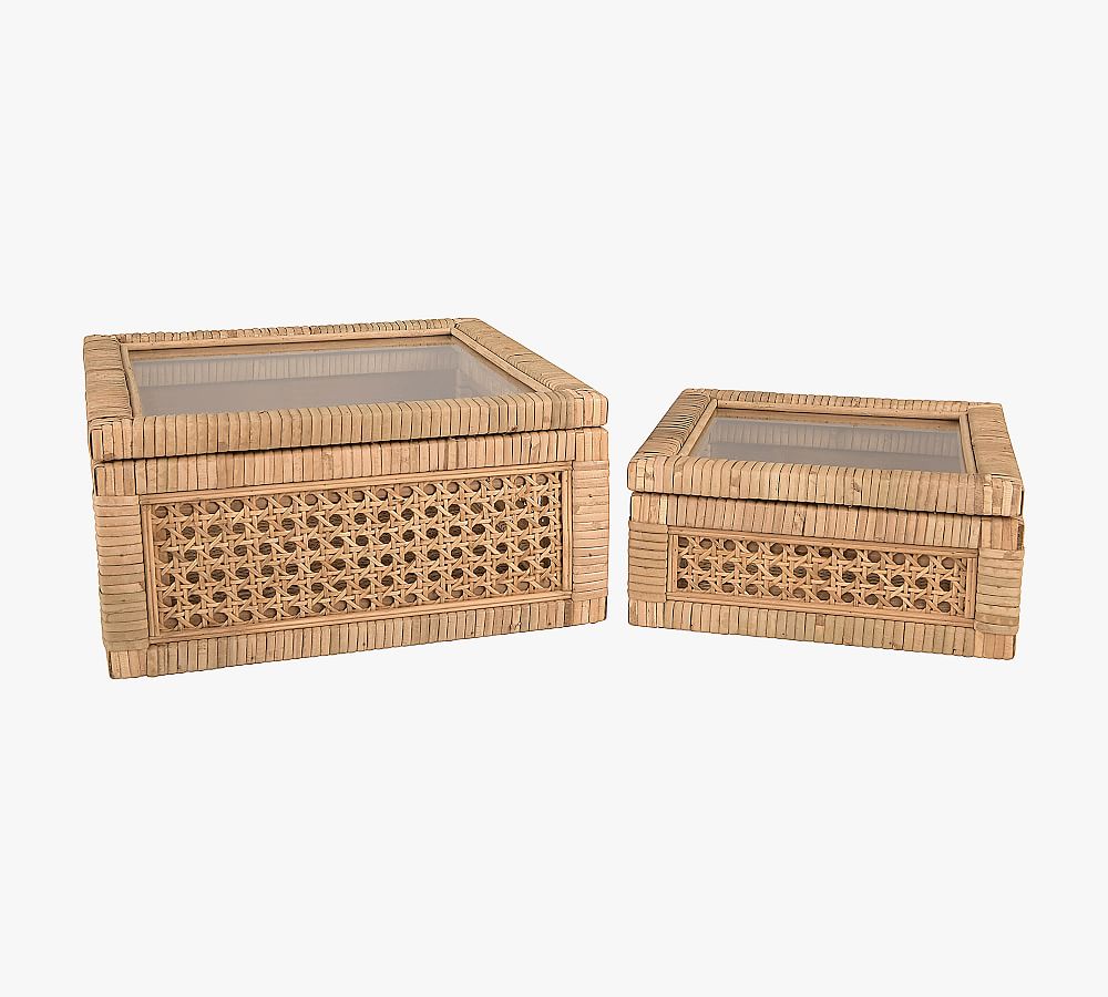 Woven Rattan And Wood Boxes, Set of 2