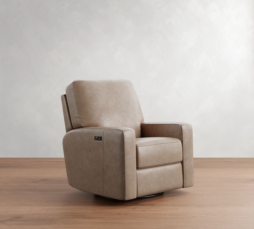 Open Box: PB Comfort Sq Arm Lther Power Swivel Glider Recliner, Poly Wrapped Cshns, Legacy Taupe