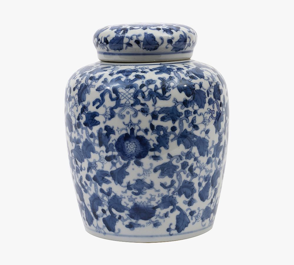 Ceramic Blue & White Jar With Lid - 8"H